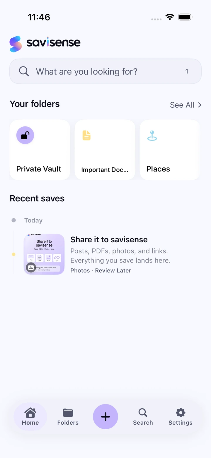 Current SaviSense Home screen with the supplied logo, folders, and the built-in practice save