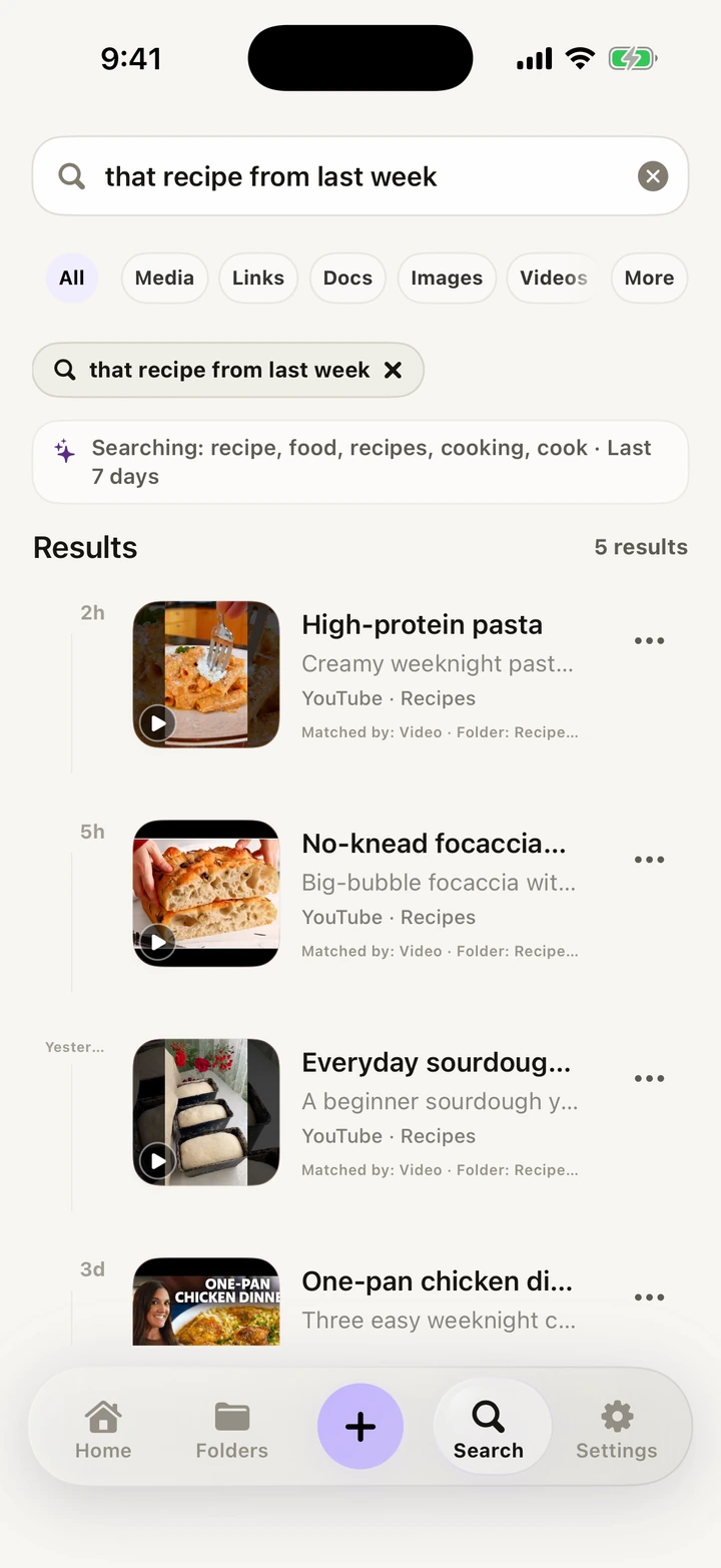 SaviSense search for that recipe from last week showing five matching saves with real recipe video thumbnails, including pasta, focaccia, and sourdough