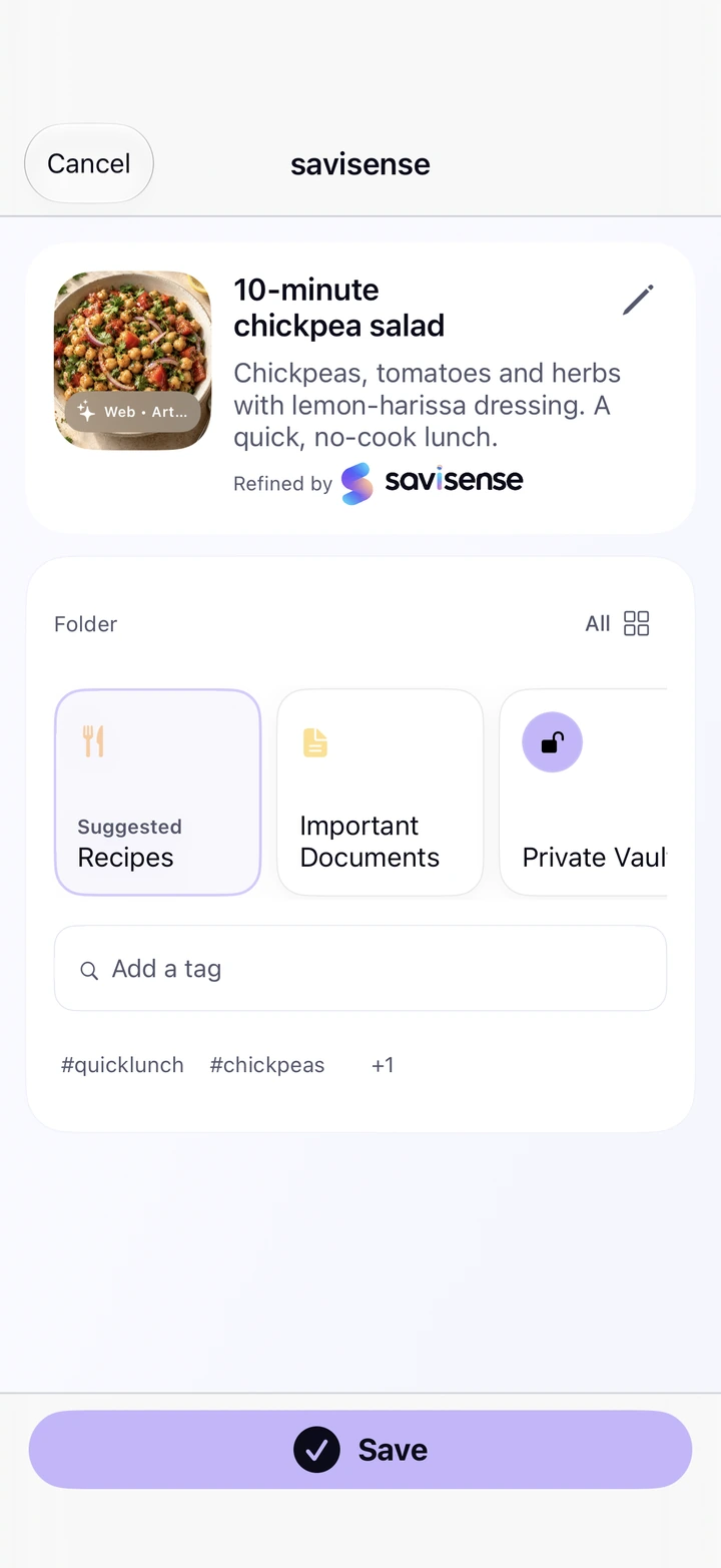 Current SaviSense review screen for a 10-minute chickpea salad, with a food thumbnail, summary, suggested Recipes folder, tags, and Save button